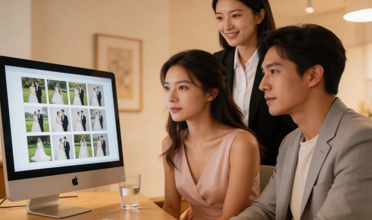 1772588352192849.png jimeng-2026-03-04-9770-8K超高清纪实风格照片,婚纱摄影选片场景,柔和室内灯光下,一对新人坐在电脑前认真....png